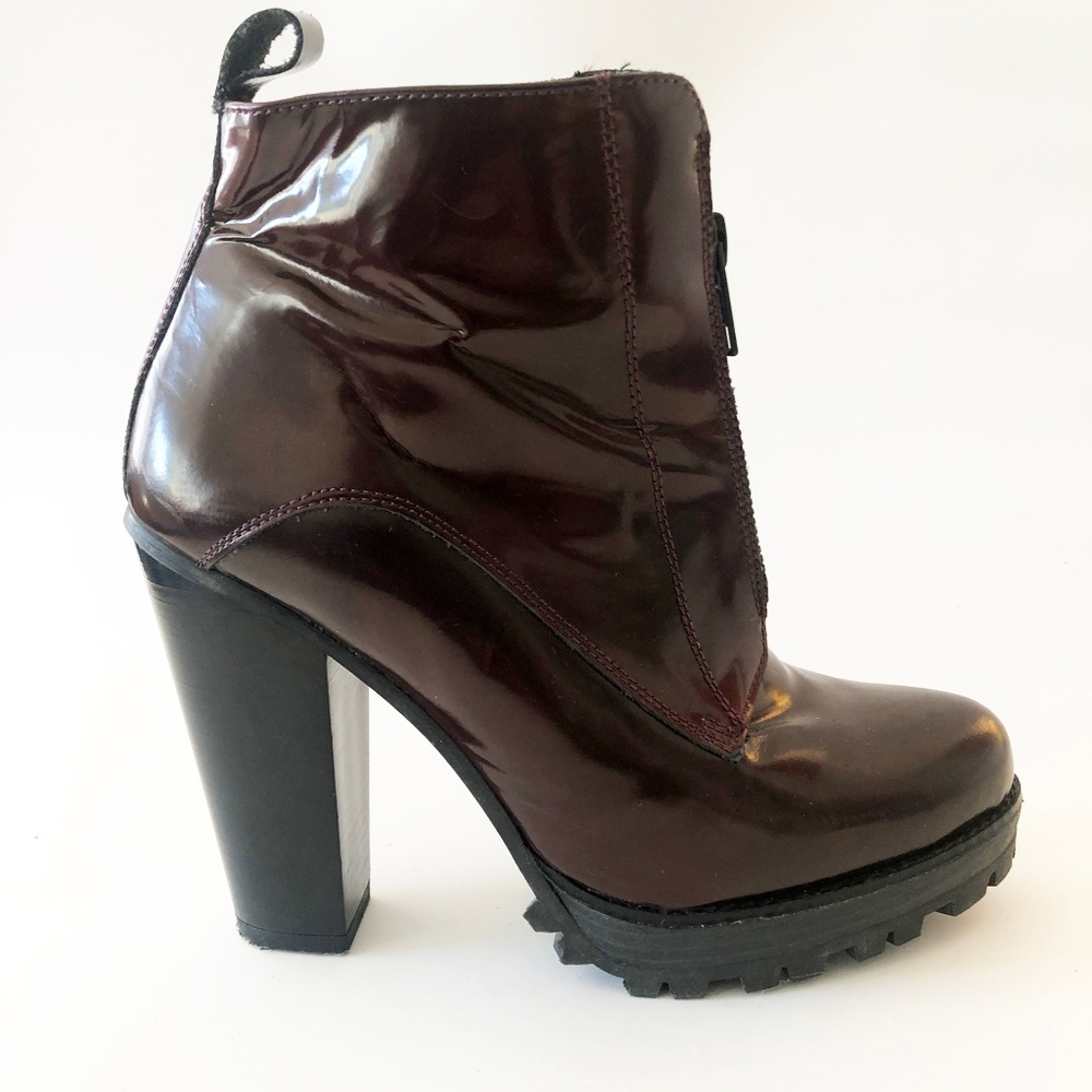 Burgundy Leather Zip-Up Lug Sole Booties US 6.5